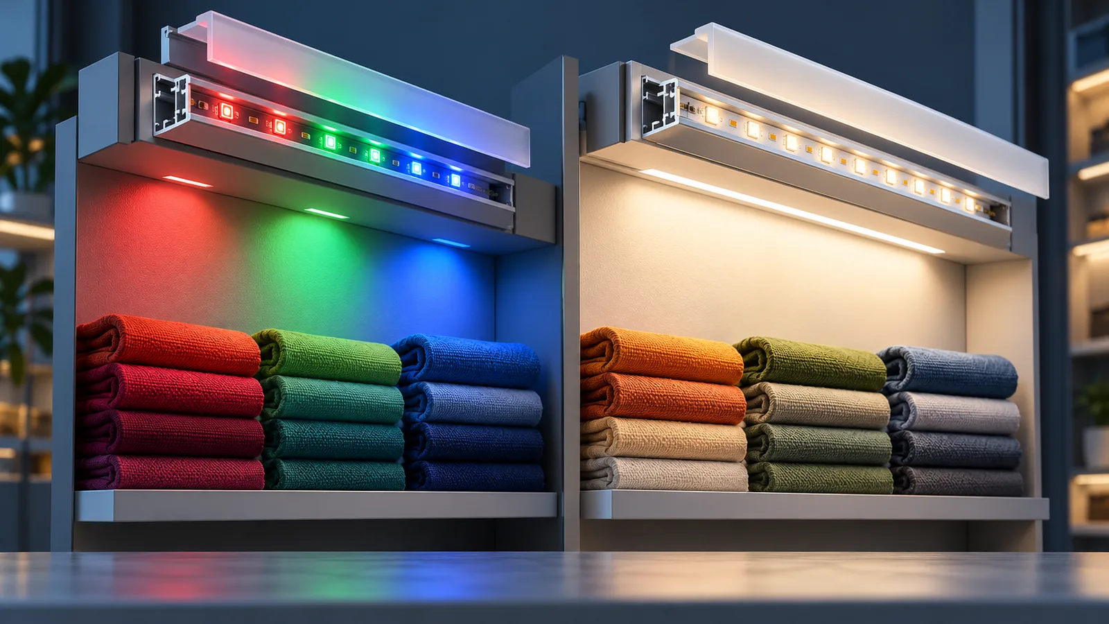 Concept illustration of colored LED channels and a dedicated white strip illuminating retail samples