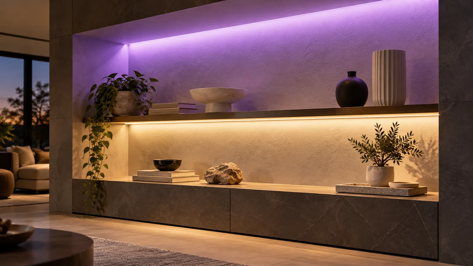 AI-generated alcove concept with violet accent and separate white shelf lighting, not proof of an RGBW product's mixing capability