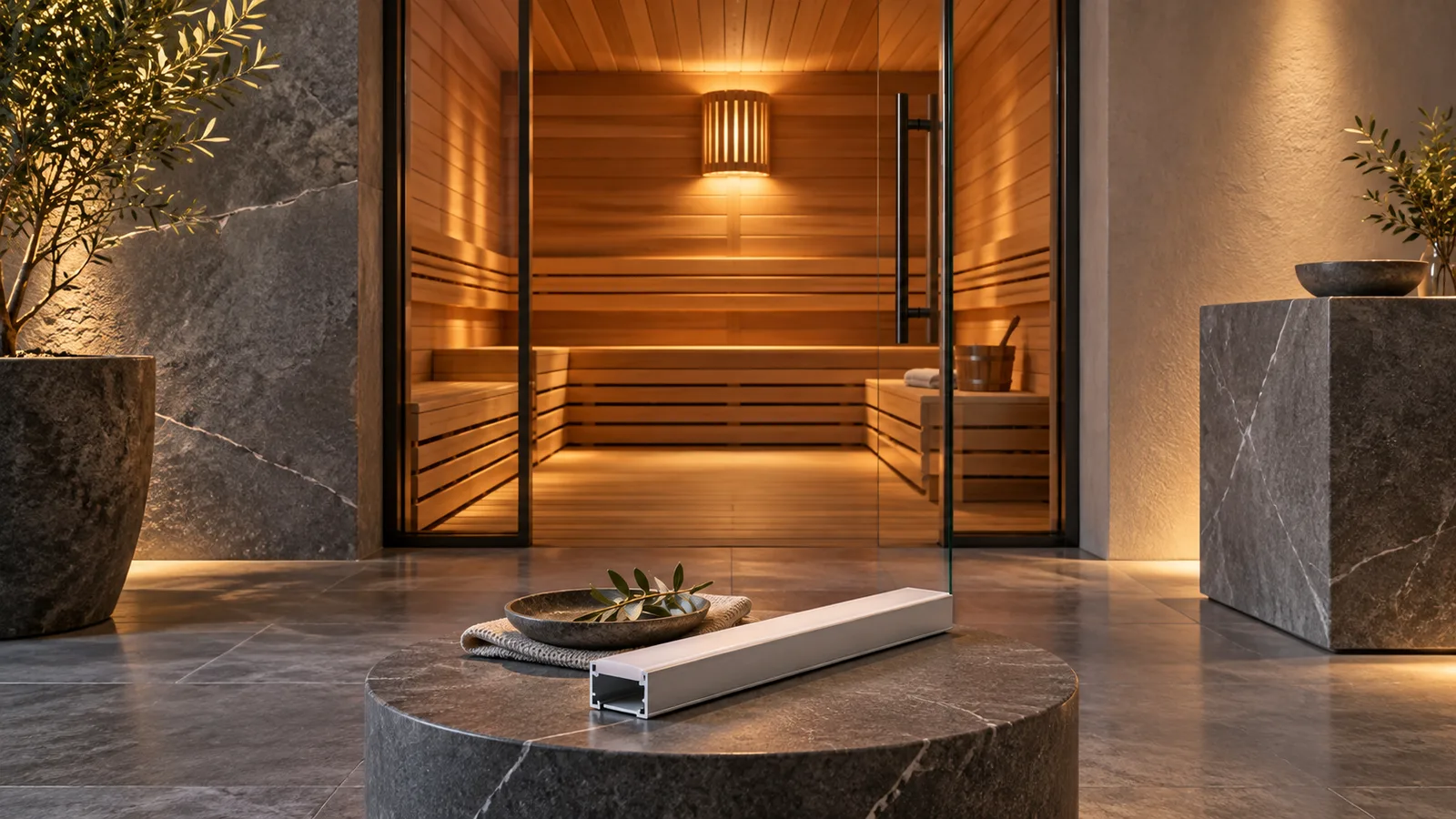 AI-generated spa threshold with a sauna wall fixture and an unlit strip sample outside the hot room, not a sauna-rated LEDStripStar installation