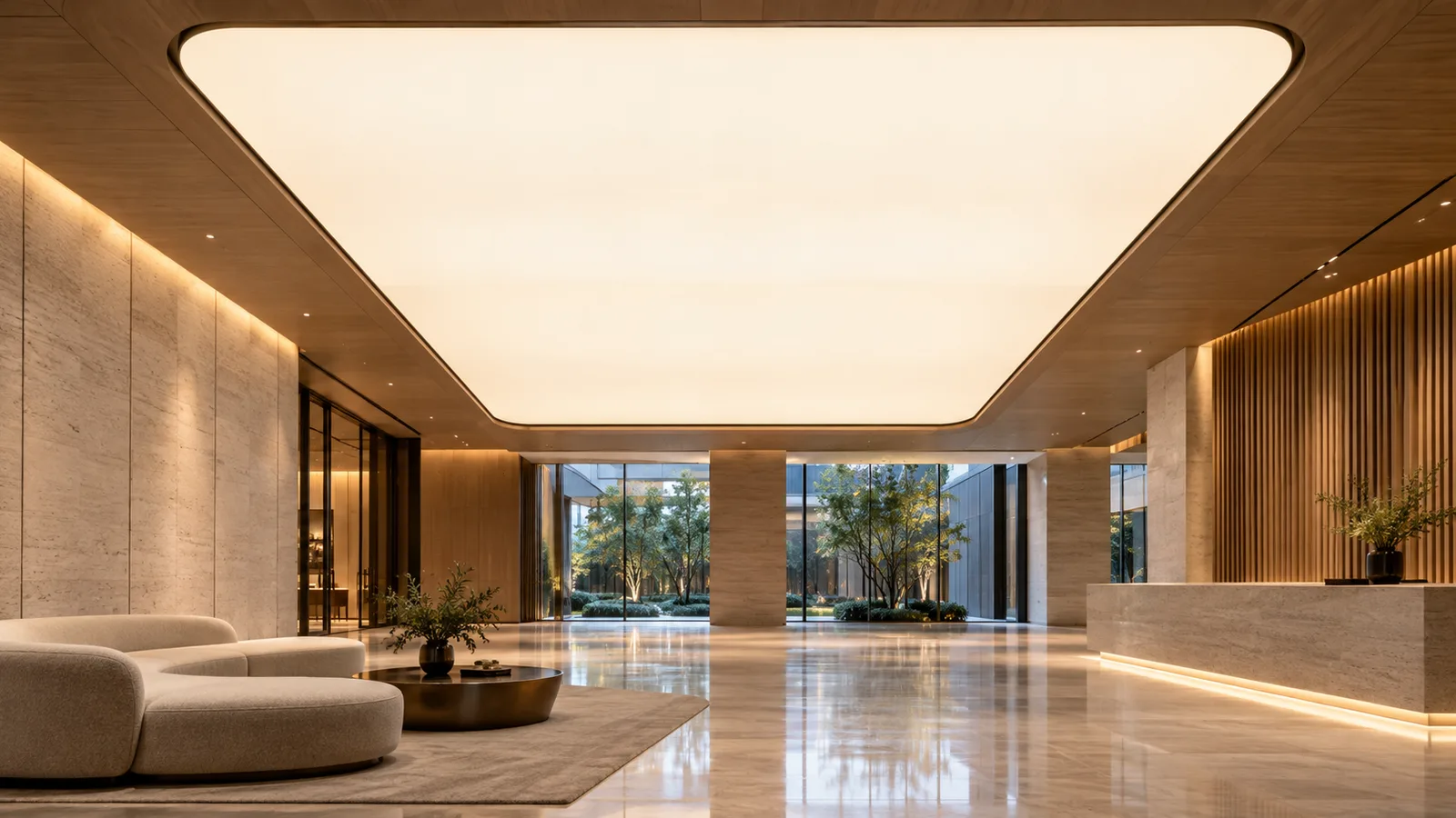 AI-generated lobby concept with a luminous translucent ceiling panel