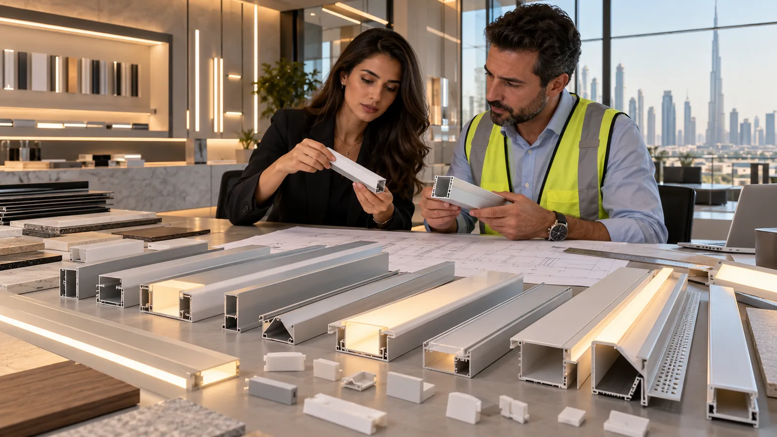 UAE architect and contractor comparing LED strip aluminum profile samples