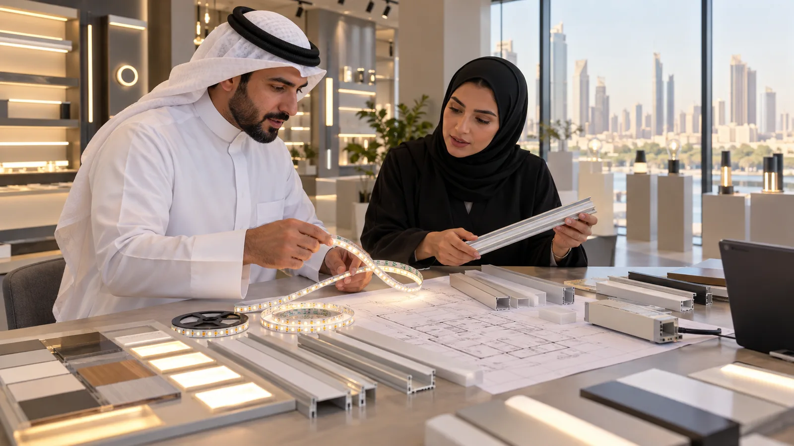 Kuwait project buyer comparing LED strip, profile and driver samples