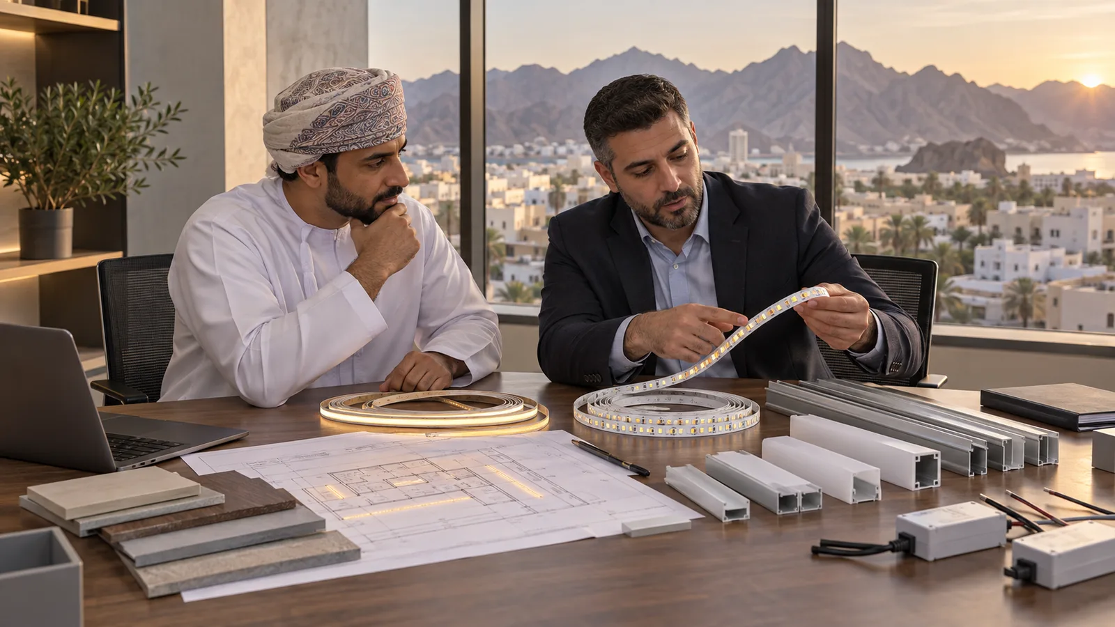 Oman project buyer comparing LED strip, profile, driver and lighting samples