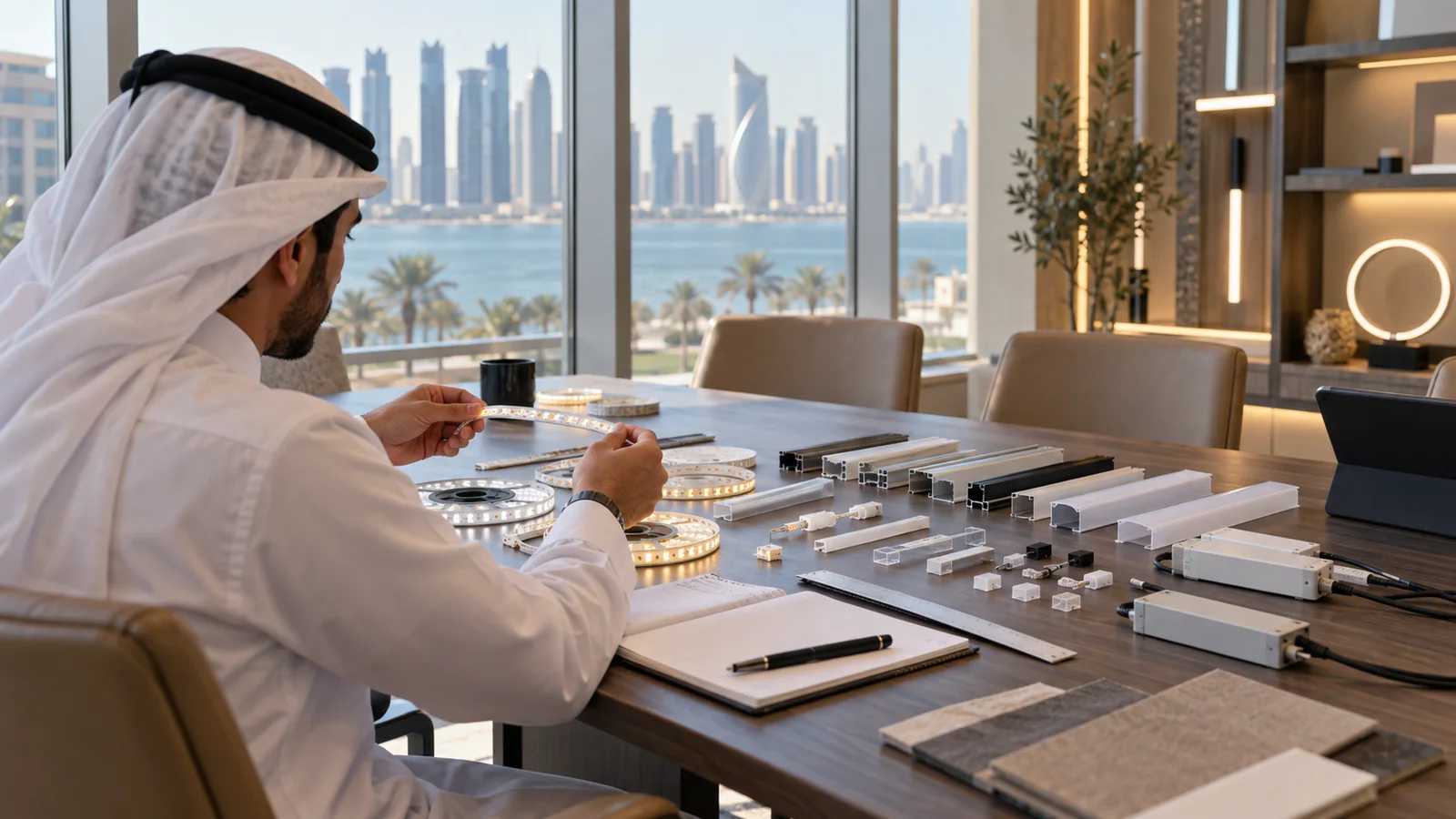 Qatar project buyer comparing LED strips, aluminum profiles, connectors and drivers in a Doha meeting room