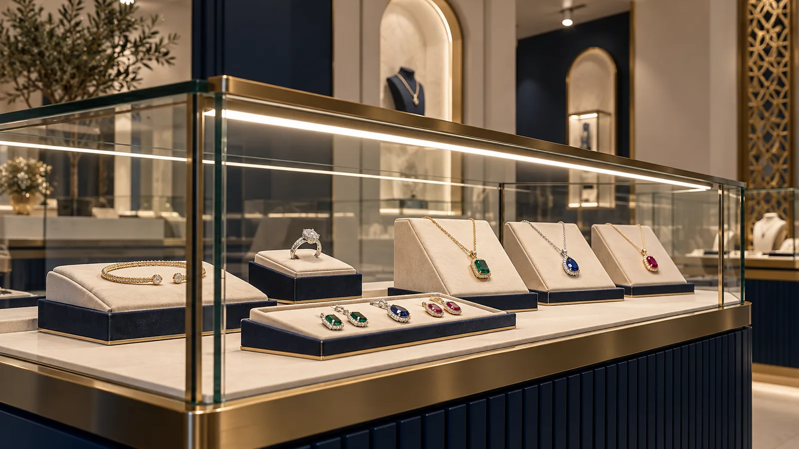 Concept visualization of concealed linear lighting in a jewelry display, not a customer installation or measured color comparison
