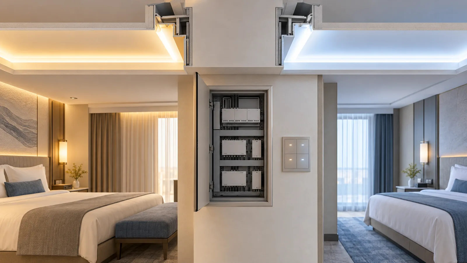 Concept UAE hotel mockup with warm and cool white coves and accessible lighting control equipment