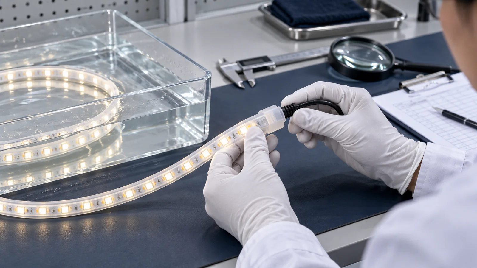 Inspector checking the sealed cable entry of a waterproof LED strip sample beside a controlled water test setup