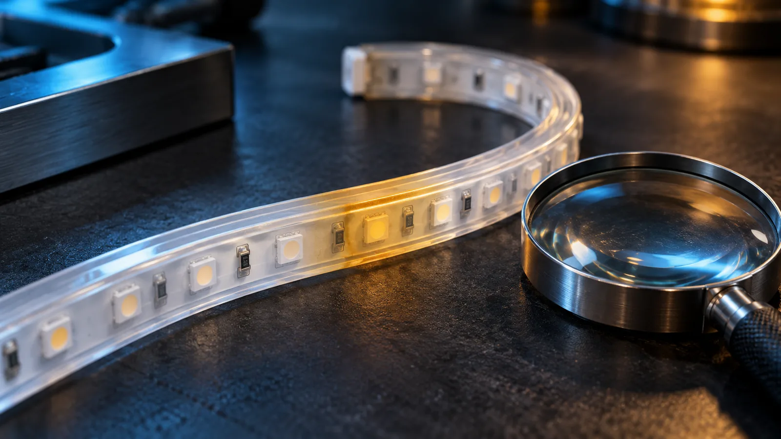 AI-generated inspection concept showing an unpowered jacketed LED strip with an amber-tinted section; not a real defect photograph
