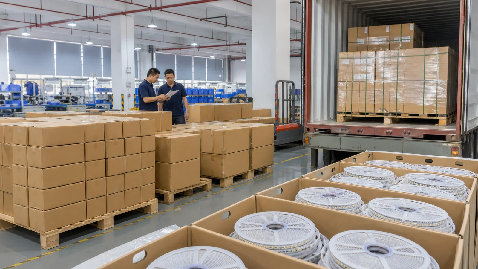 Packed LED strip reels in labeled wholesale cartons ready for shipment