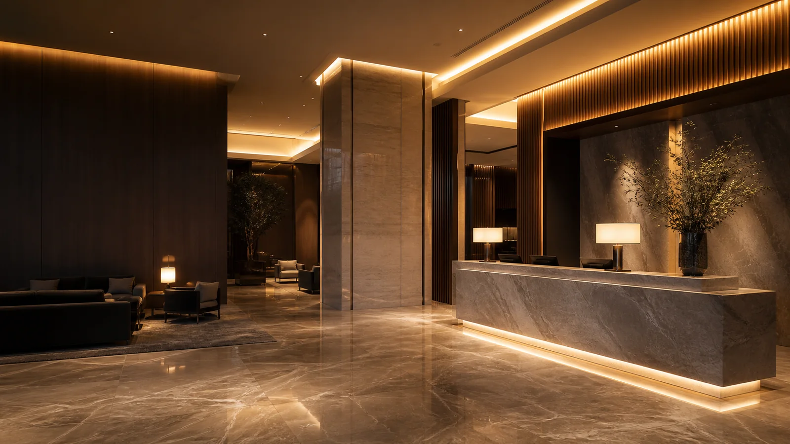 Hotel interior with warm linear LED cove lighting